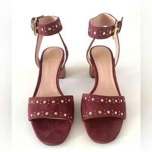 J. Crew ankle strap block heel in multi-studded burgundy-rose suede. Size 8.
